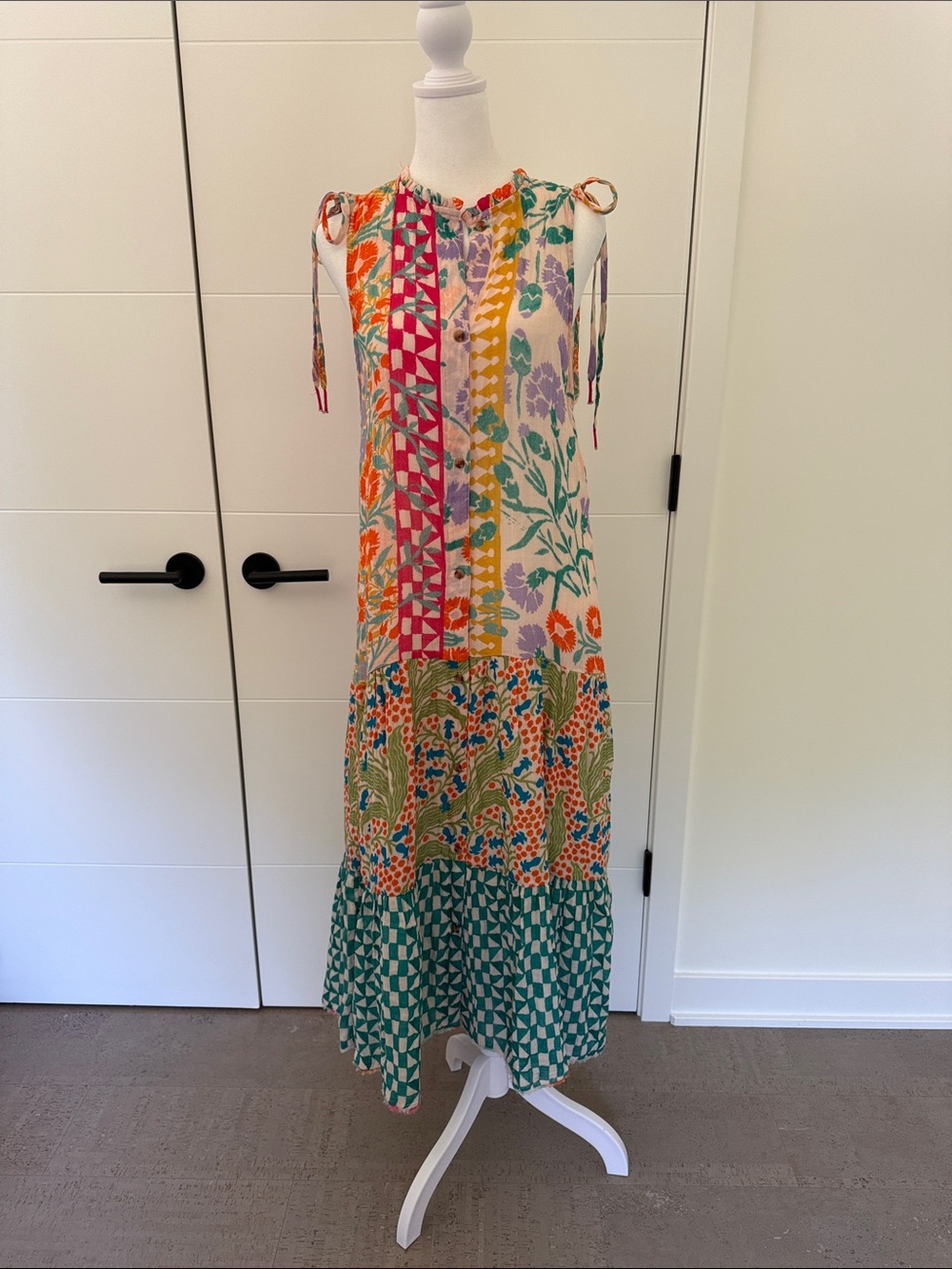 Anthropologie Multicolor Patchwork Tie-Shoulder Maxi Dress